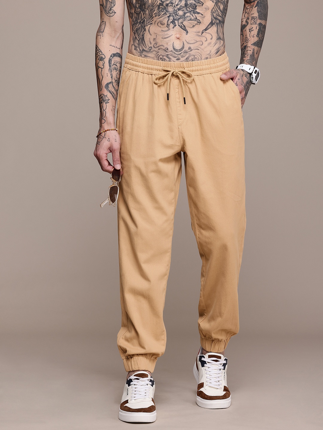 

The Roadster Life Co. Pure Cotton Joggers Trousers, Beige