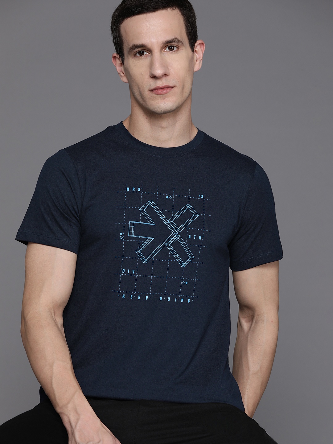 

HRX by Hrithik Roshan Printed Round Neck Casual T-shirt, Navy blue