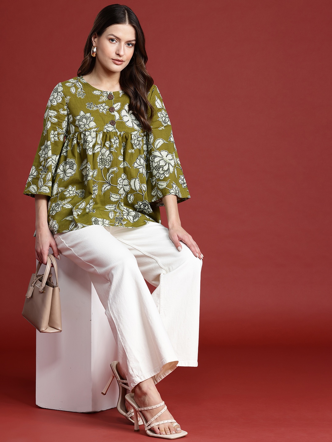 

all about you Floral Print Pure Cotton Pleated Kurti, Olive