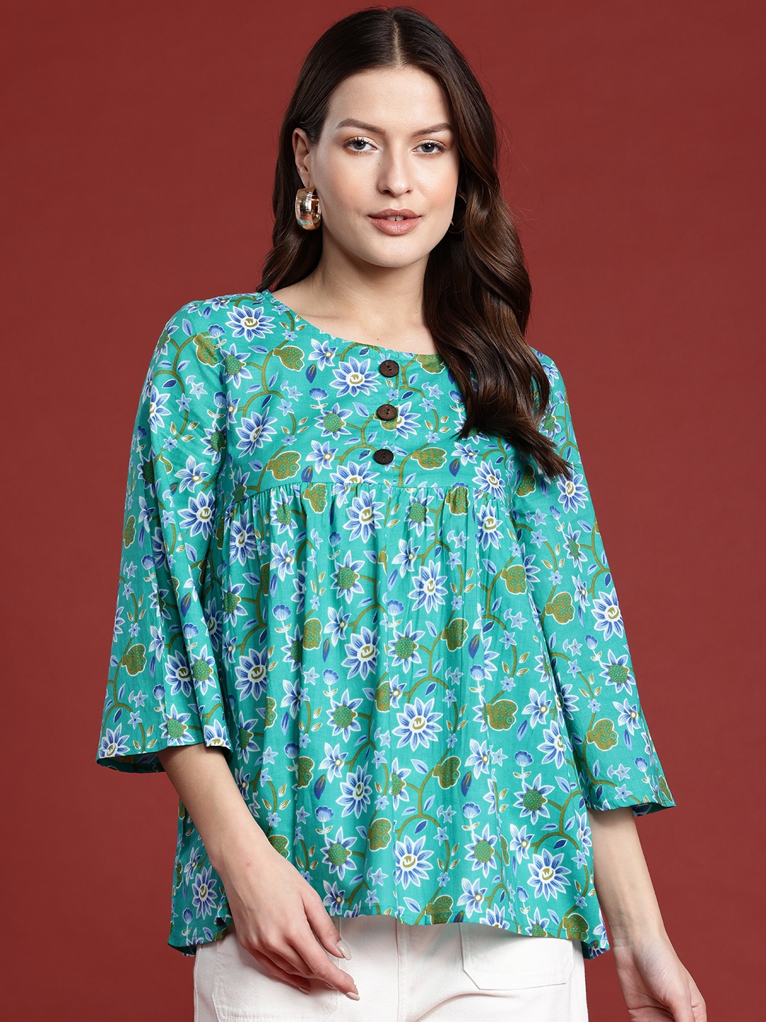 

all about you Floral Print Pure Cotton Pleated Kurti, Green