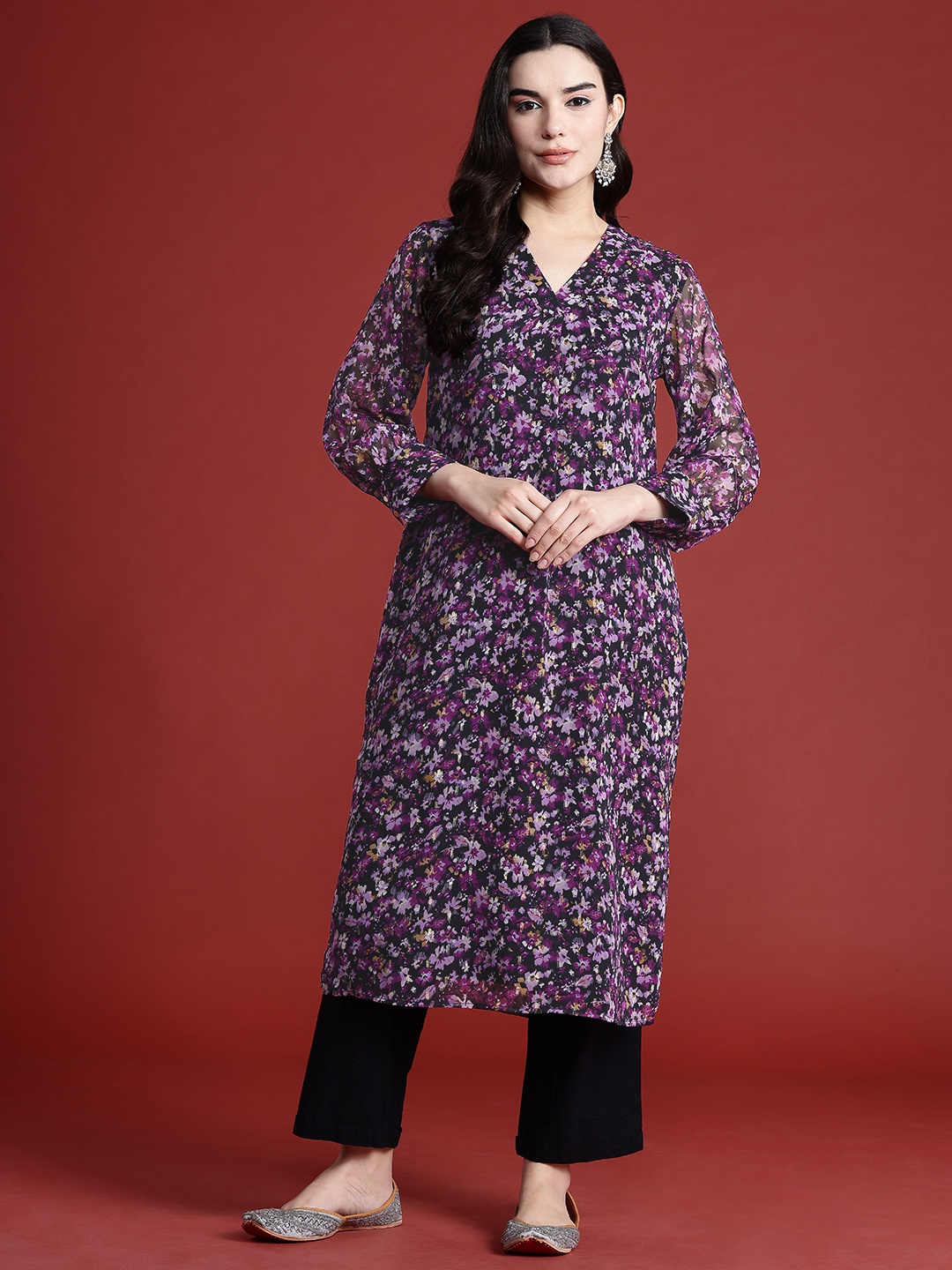 

all about you Pleated Floral Print Kurta, Black