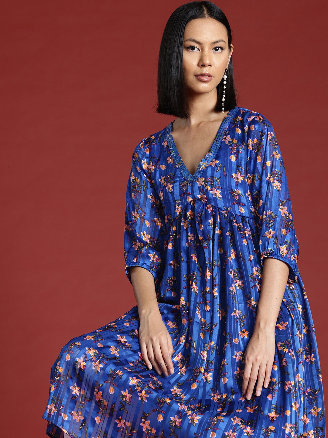 

all about you Women Floral Printed Sequinned Detail A-Line Kurta, Blue