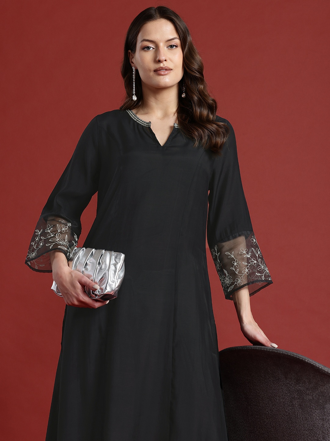 

all about you Thread Work Net Detail A-Line Kurta, Black