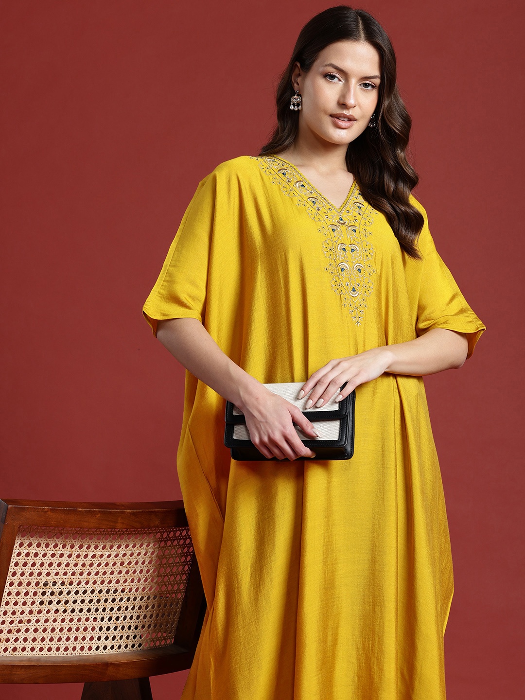 

all about you Thread-Work Kaftan Kurta, Mustard