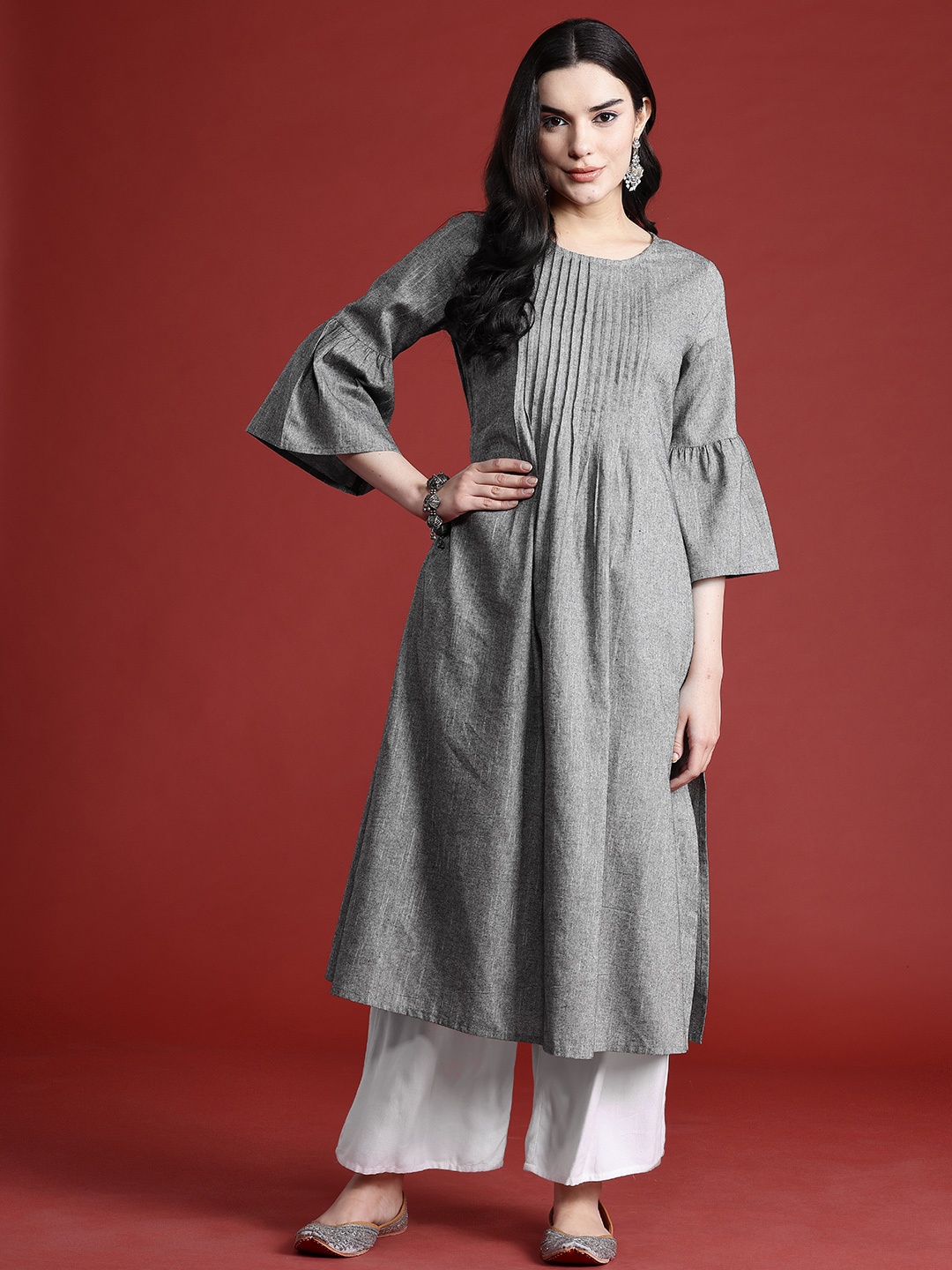 

all about you Bell Sleeves Pleated Kurta, Grey