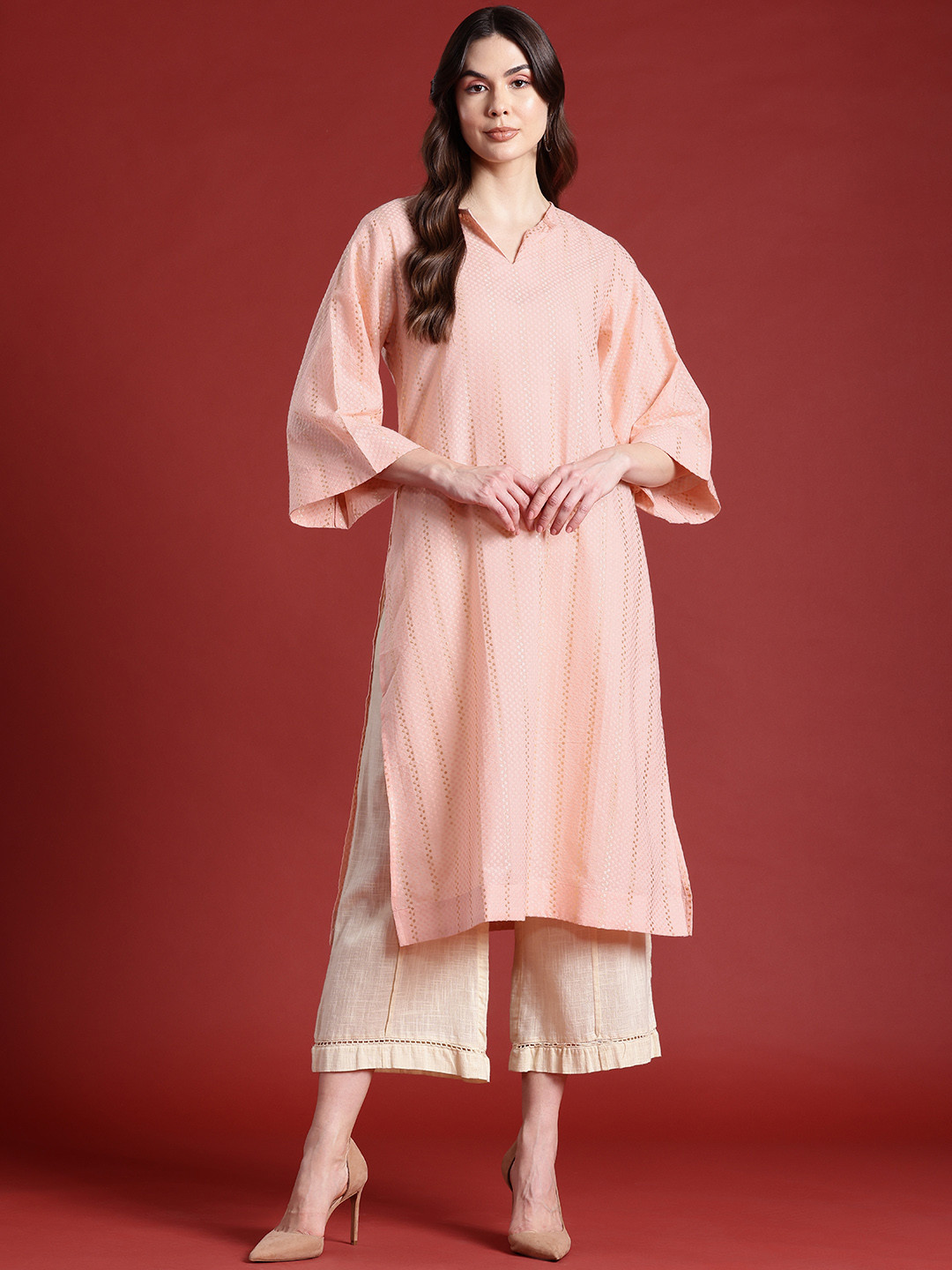 

all about you Self-Design Flared Sleeves Kurta, Pink