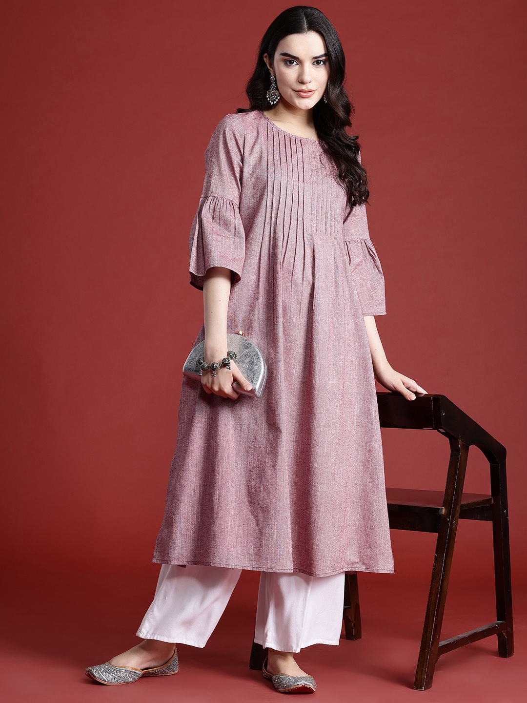 

all about you Bell Sleeves Pleated Kurta, Rust