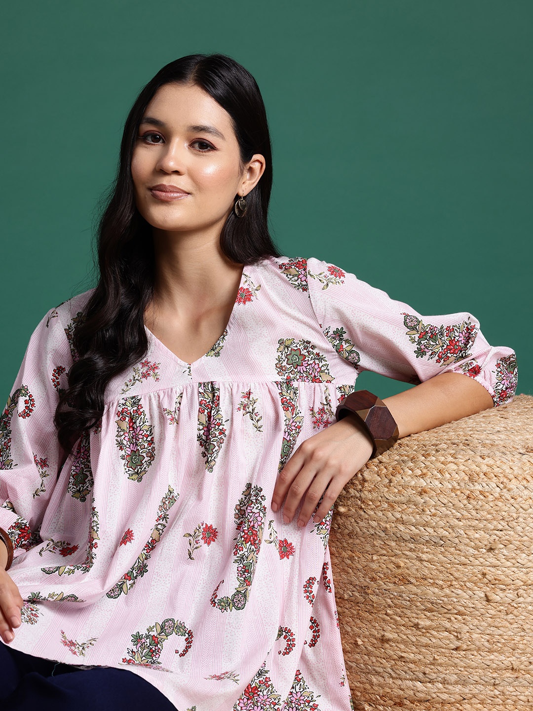 

Sangria Floral Print Puff Sleeve Empire Top, Pink