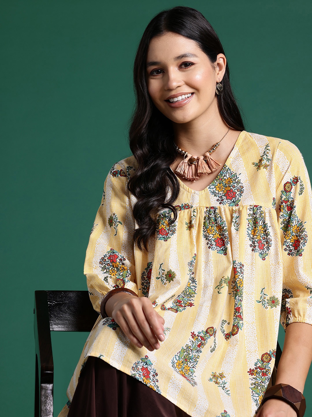 

Sangria Floral Print Puff Sleeve Empire Top, Yellow