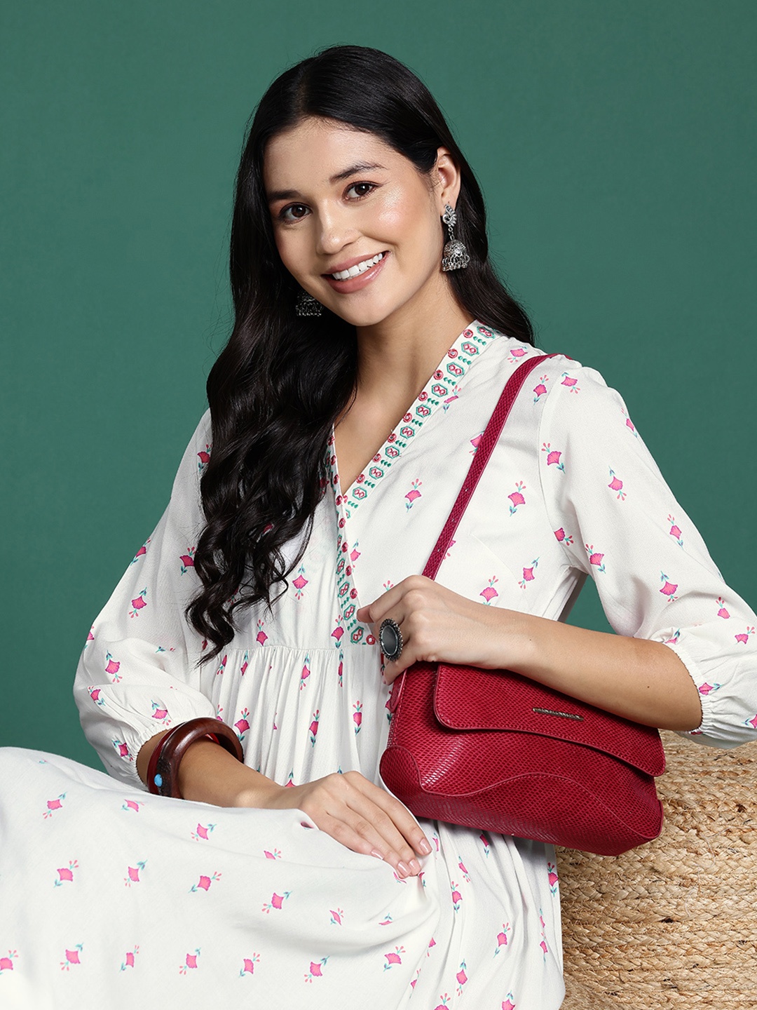 

Sangria Ethnic Motifs Print Mirror Work A-Line Kurta, White