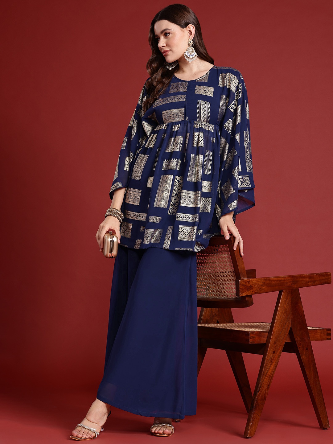 

all about you Ethnic Motifs Printed Empire Kurti with Palazzos, Navy blue