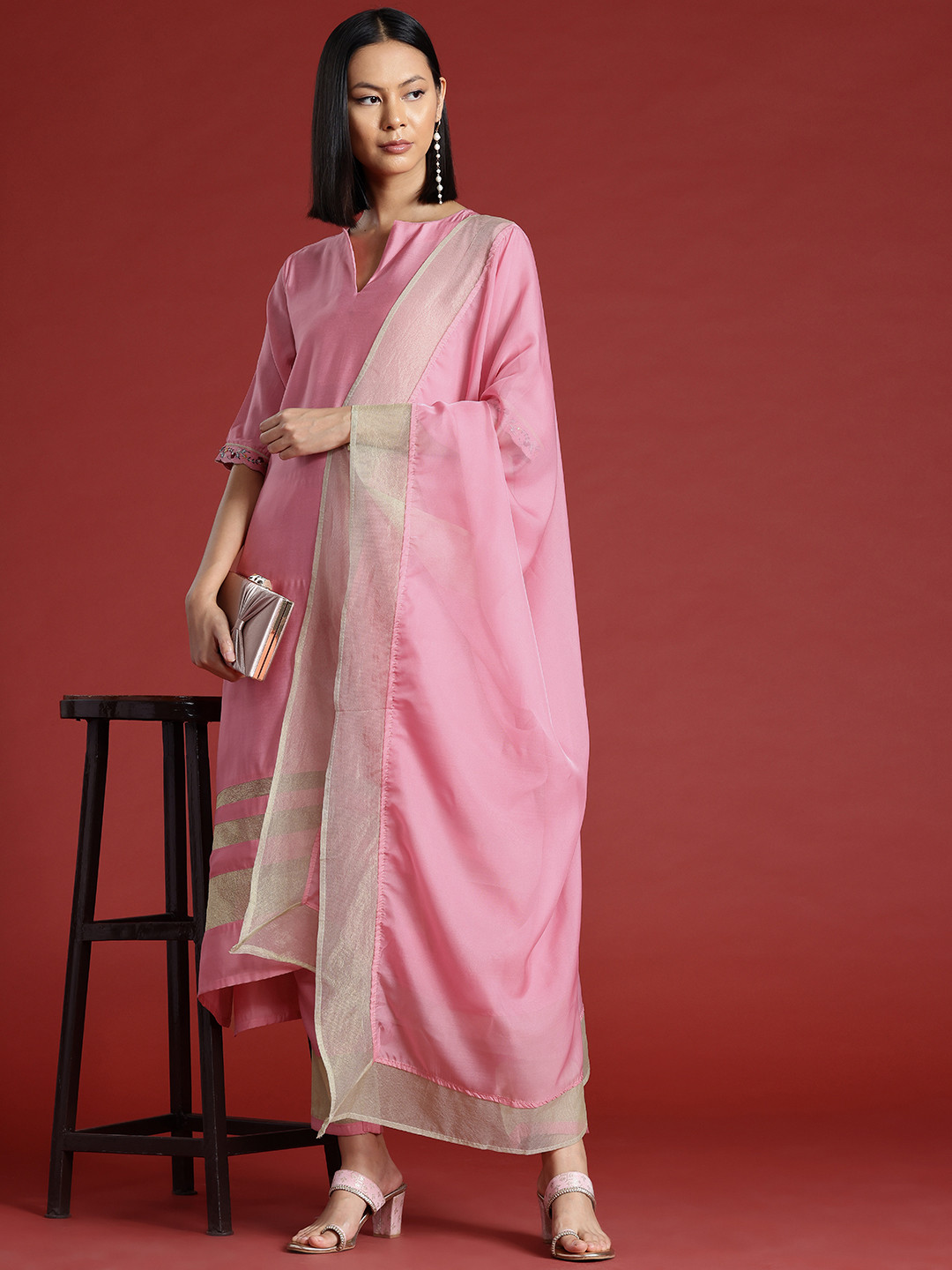 

all about you Women Lace Detail Kurta with Trousers & With Dupatta, Pink