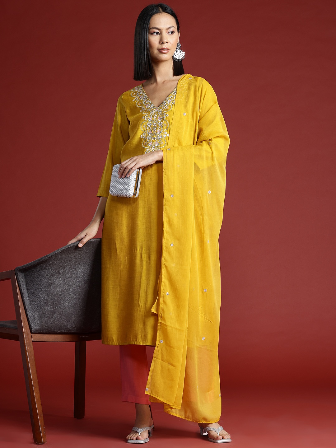 

all about you Women Ethnic Motifs Yoke Design Kurta with Trousers & Dupatta, Mustard
