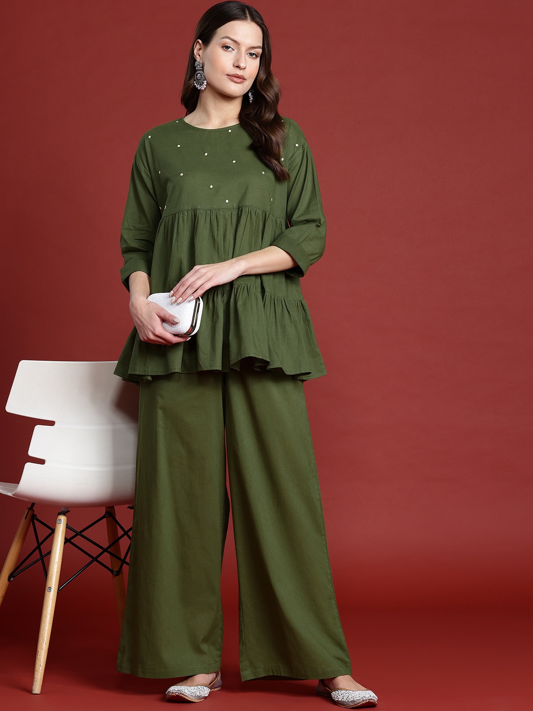 

all about you Tiered Thread Work Pure Cotton Kurti with Palazzos, Olive