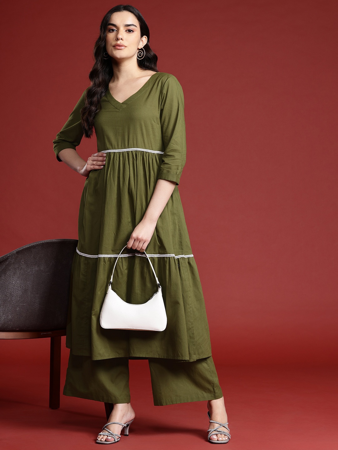 

all about you Women Tiered Pure Cotton Kurta with Palazzos, Olive