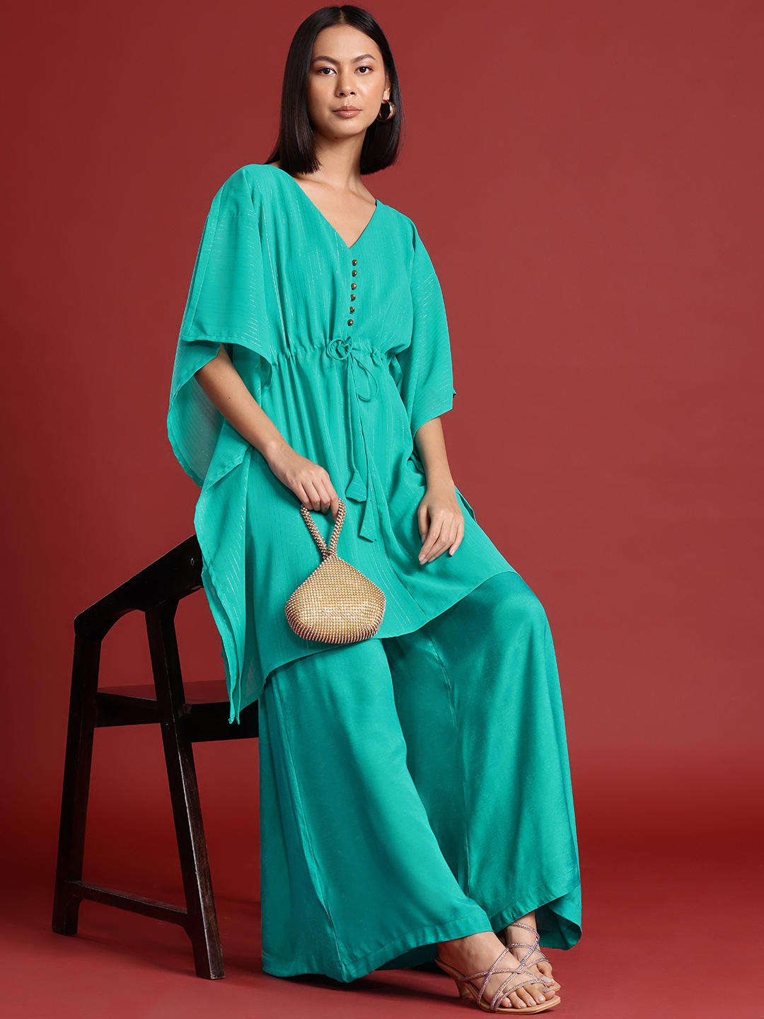 

all about you Women Striped Kaftan Kurta with Palazzos, Teal