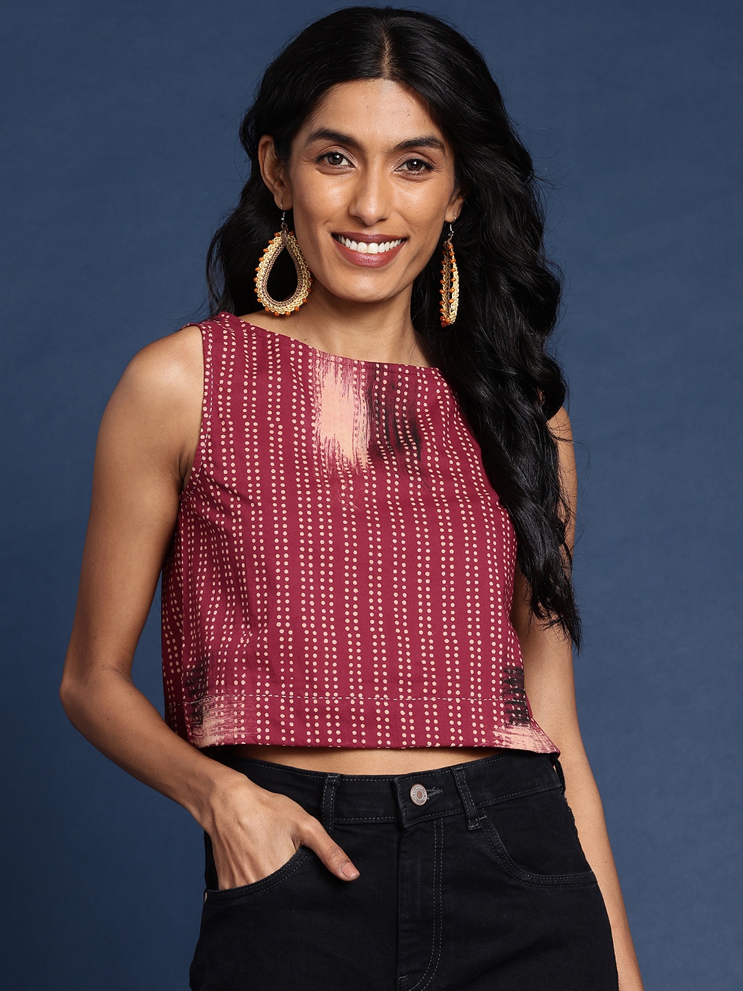 

Taavi Pure Cotton Geometric Print Cotton Dabu Crop Top, Maroon