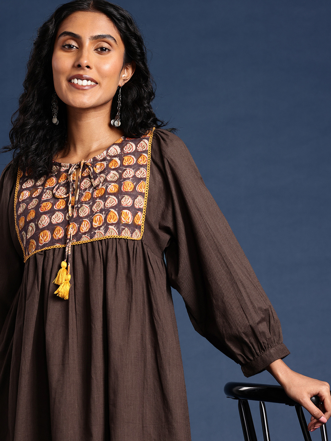 

Taavi Kalamkari Printed A-Line Pure Cotton Ethnic Dresses, Brown