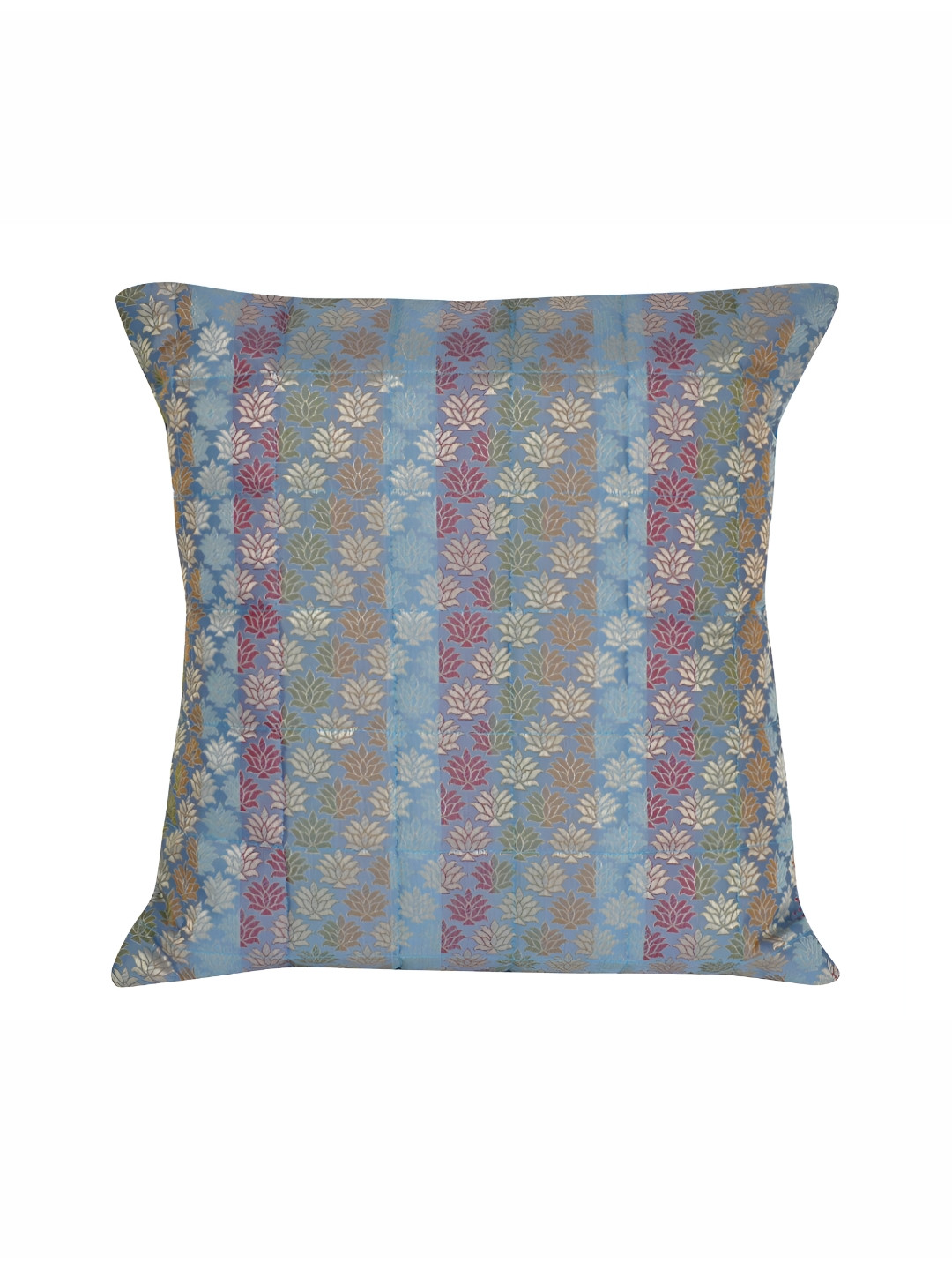 

Lal Haveli Turquoise Blue & Pink Floral Silk Square Cushion Cover