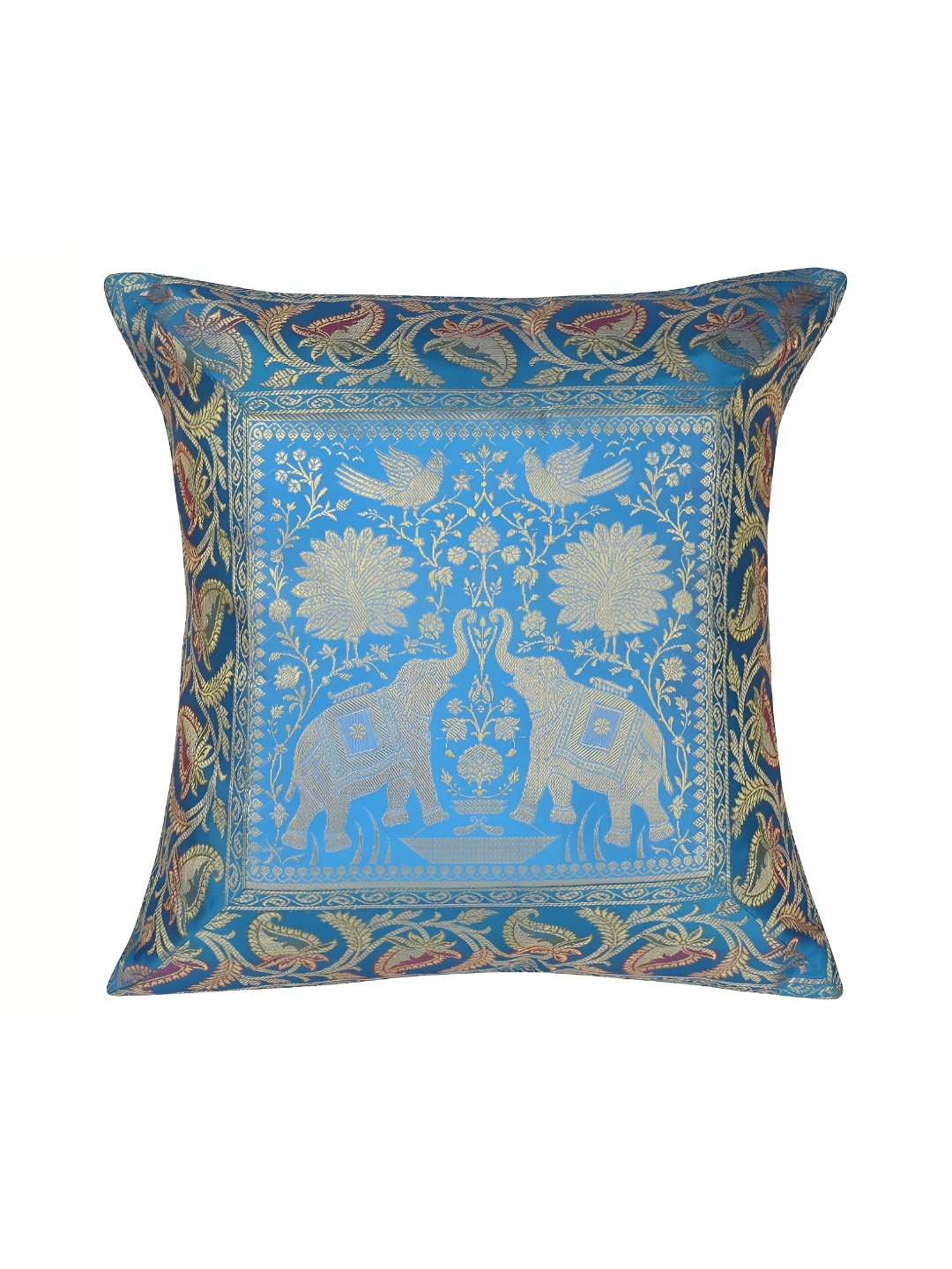 

Lal Haveli Turquoise Blue & Gold Toned Ethnic Motif Silk Square Cushion Cover