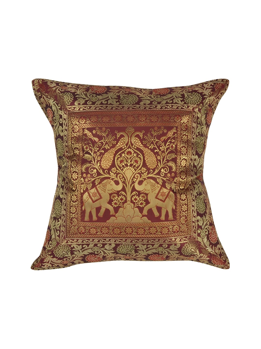 

Lal Haveli Maroon & Gold Toned Ethnic Motif Silk Square Cushion Cover