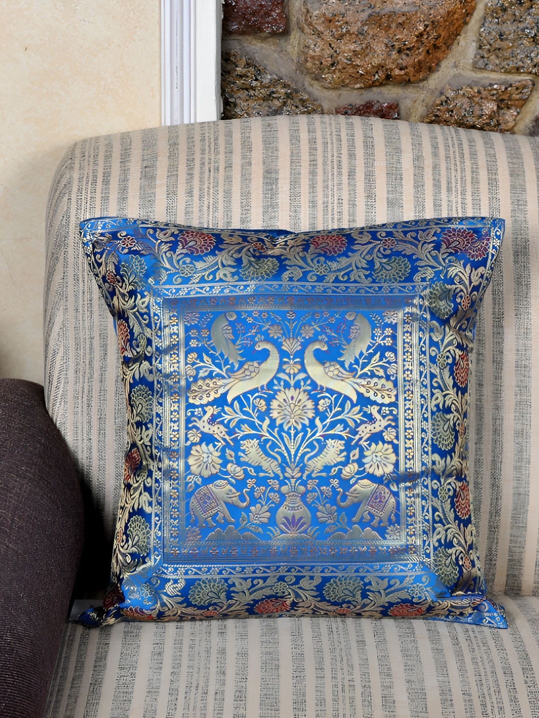 

Lal Haveli Turquoise Blue & Gold Toned Ethnic Motif Silk Square Cushion Cover