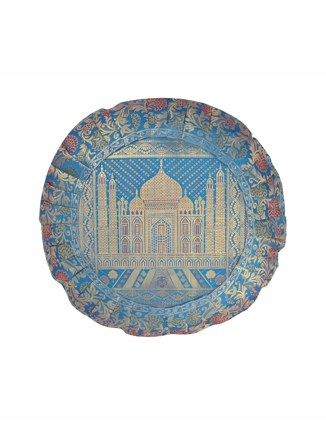 

Lal Haveli Turquoise Blue Gold Toned Ethnic Motif Silk Round Cushion Cover