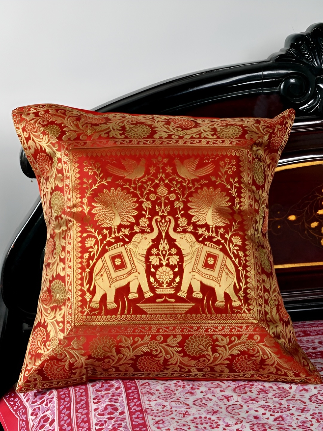 

Lal Haveli Red & Gold Toned Ethnic Motif Silk Square Cushion Cover