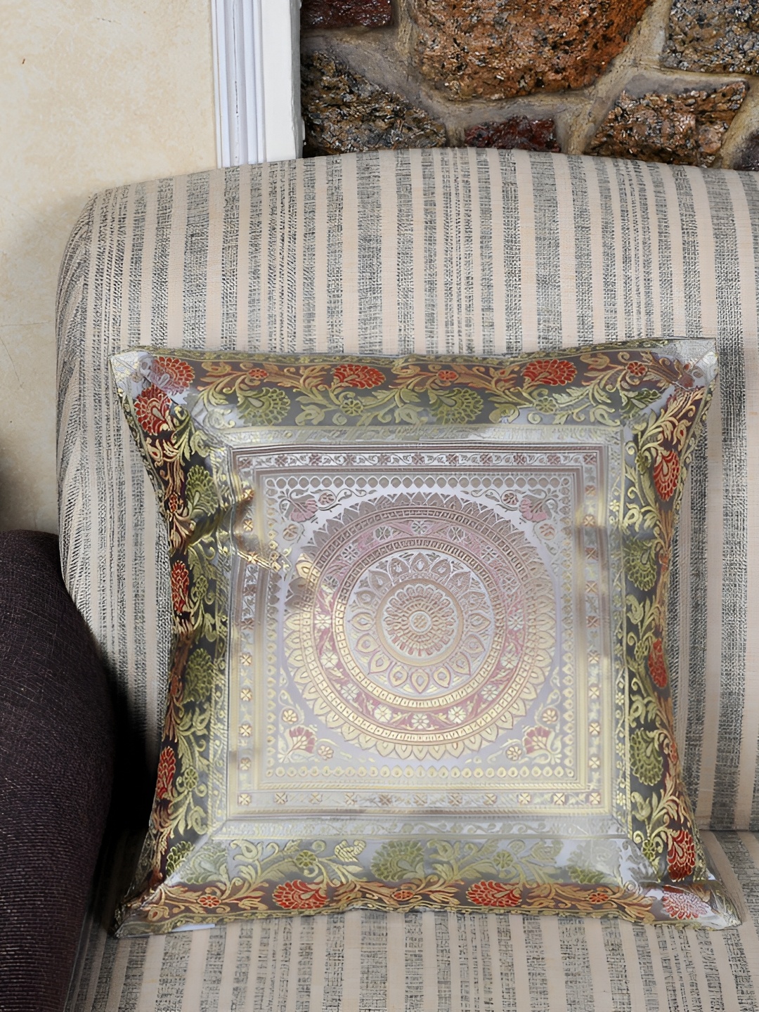 

Lal Haveli Grey & Gold Toned Ethnic Motif Silk Square Cushion Cover