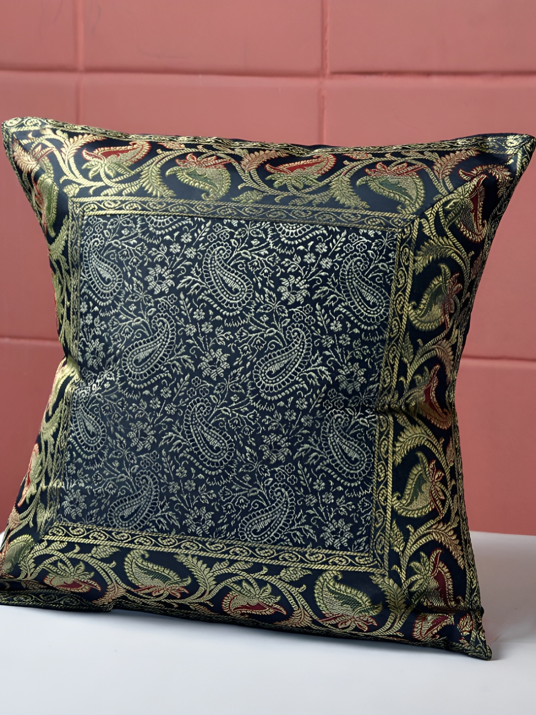 

Lal Haveli Black & Gold Toned Ethnic Motif Silk Square Cushion Cover
