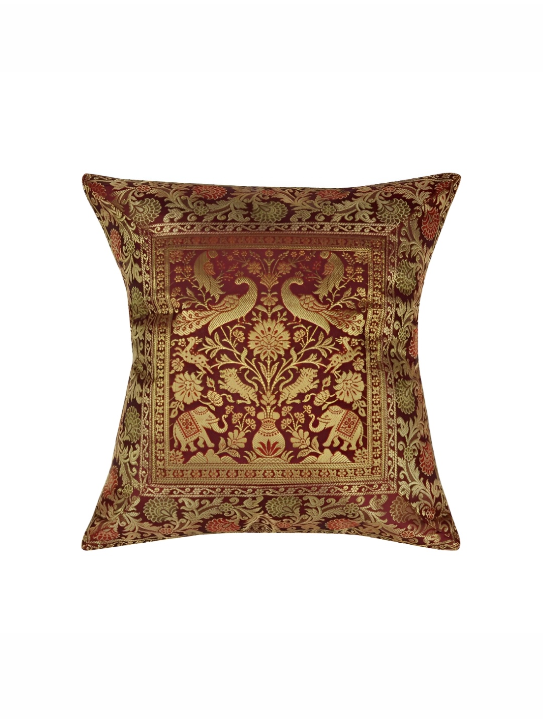 

Lal Haveli Maroon & Gold Toned Ethnic Motif Silk Square Cushion Cover