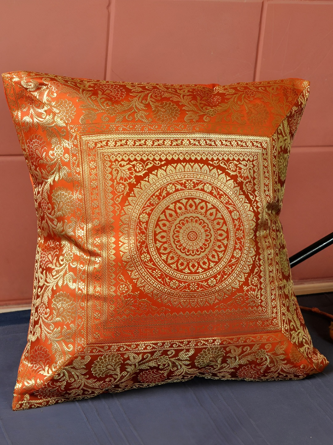 

Lal Haveli Orange & Gold Toned Ethnic Motif Silk Square Cushion Cover