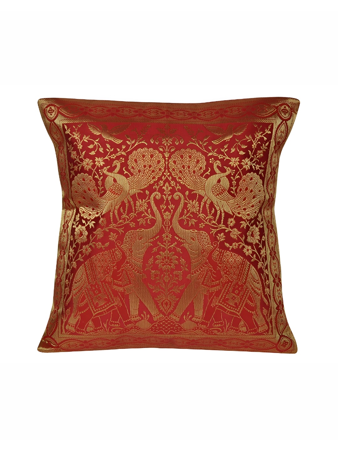 

Lal Haveli Red & Gold Toned Ethnic Motif Silk Square Cushion Cover