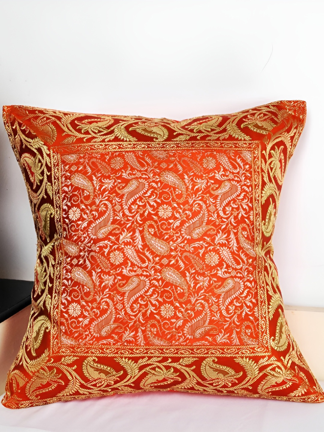 

Lal Haveli Orange & Gold Toned Ethnic Motif Silk Square Cushion Cover