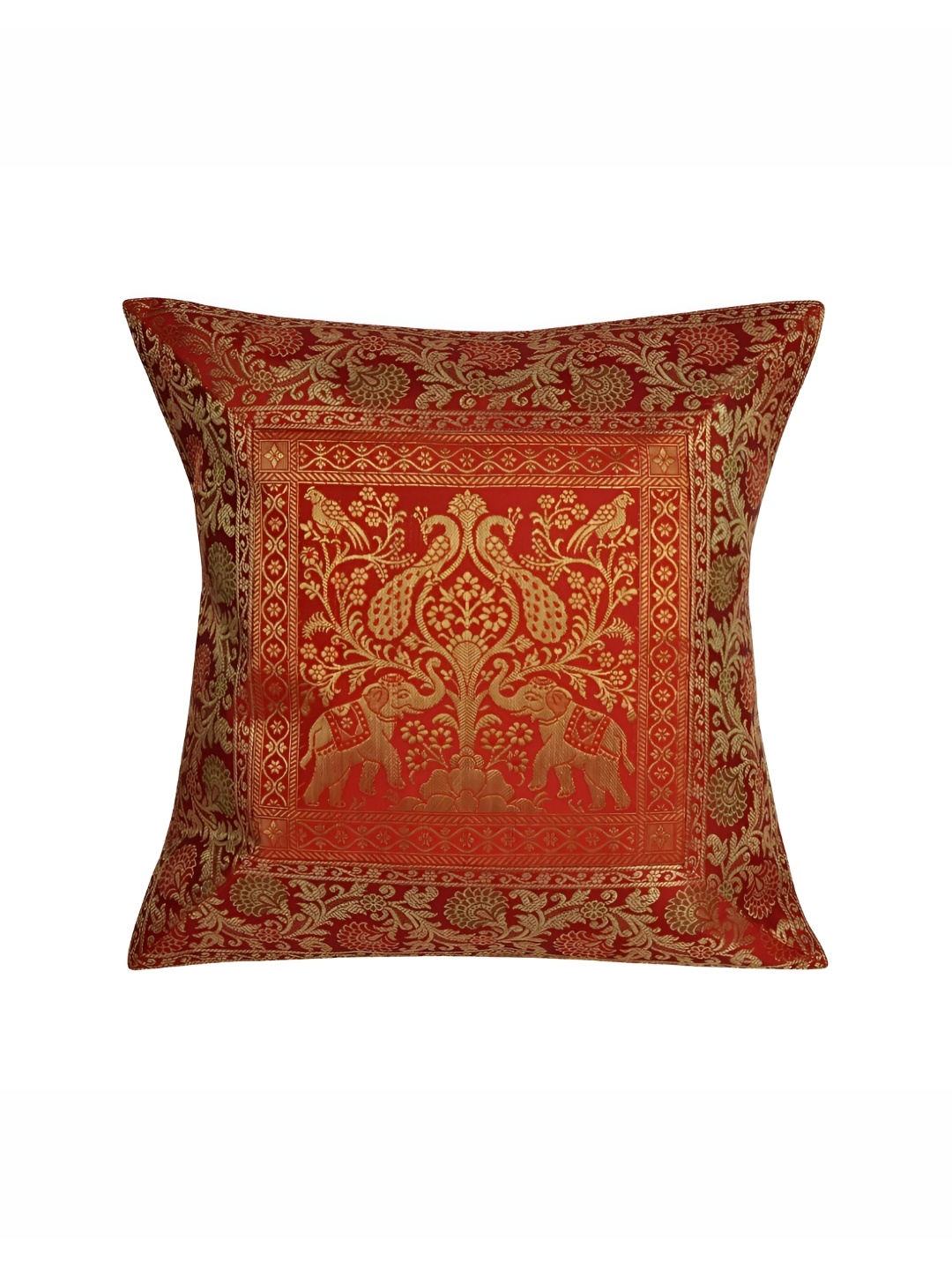 

Lal Haveli Red & Gold Toned Ethnic Motif Silk Square Cushion Cover