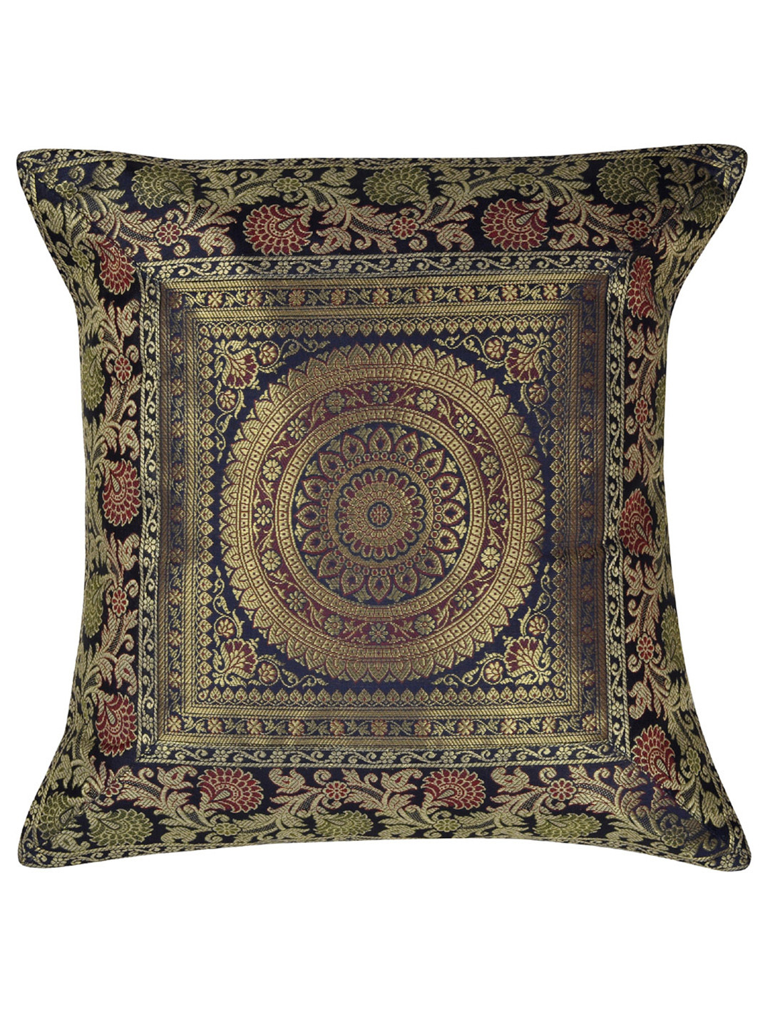 

Lal Haveli Navy Blue & Gold Toned Ethnic Motif Silk Square Cushion Cover