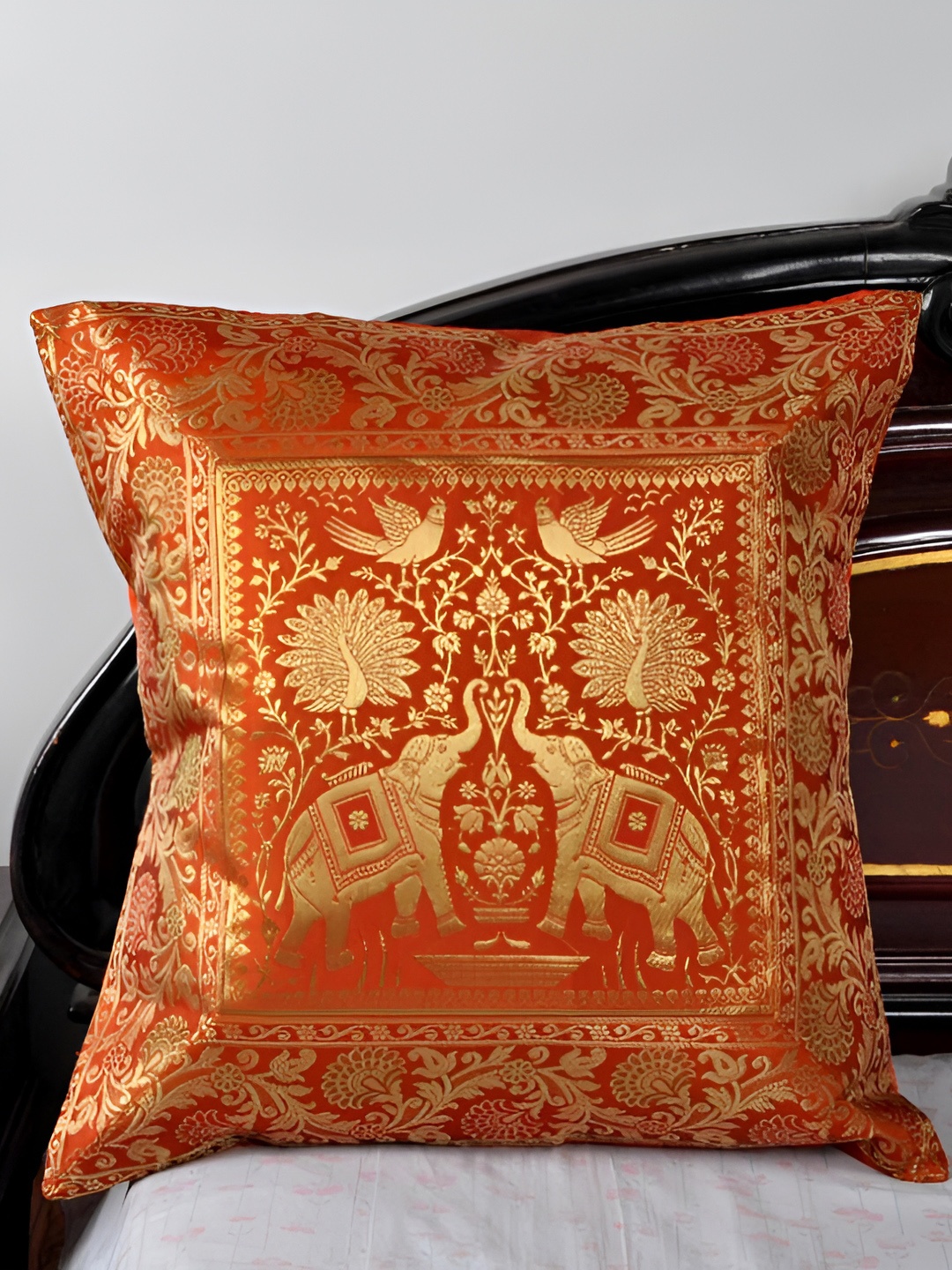 

Lal Haveli Orange & Gold Toned Ethnic Motif Silk Square Cushion Cover
