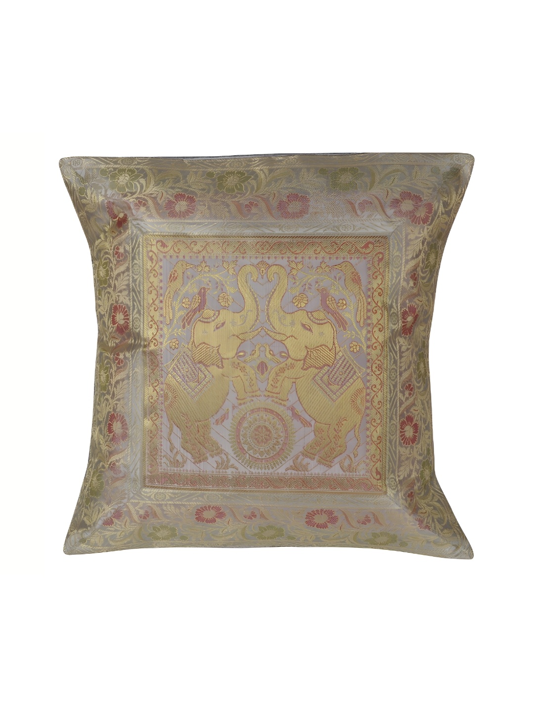 

Lal Haveli Grey & Gold Toned Ethnic Motif Silk Square Cushion Cover