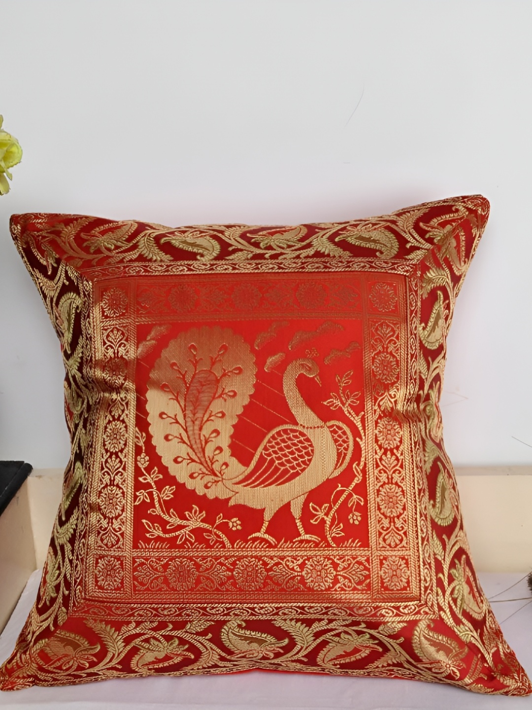 

Lal Haveli Red & Gold Toned Ethnic Motif Silk Square Cushion Cover