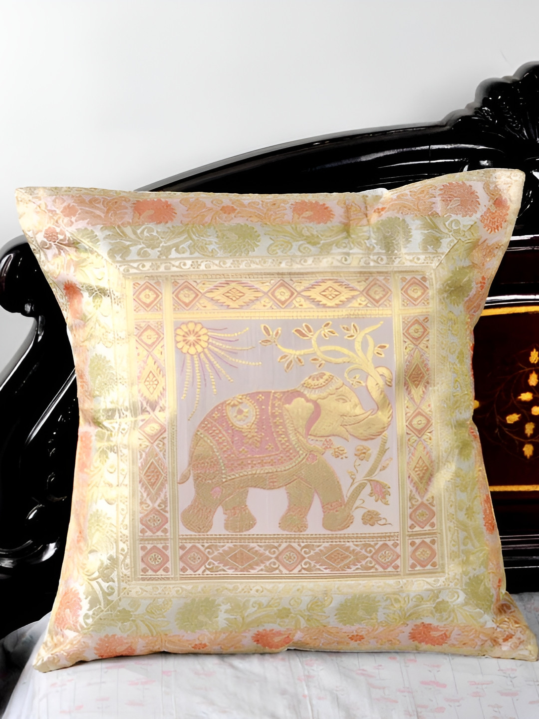 

Lal Haveli White & Gold Toned Ethnic Motif Silk Square Cushion Cover