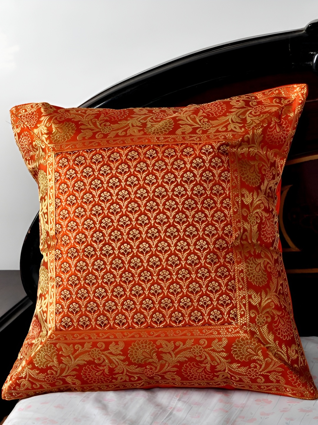 

Lal Haveli Orange & Gold Toned Ethnic Motif Silk Square Cushion Cover