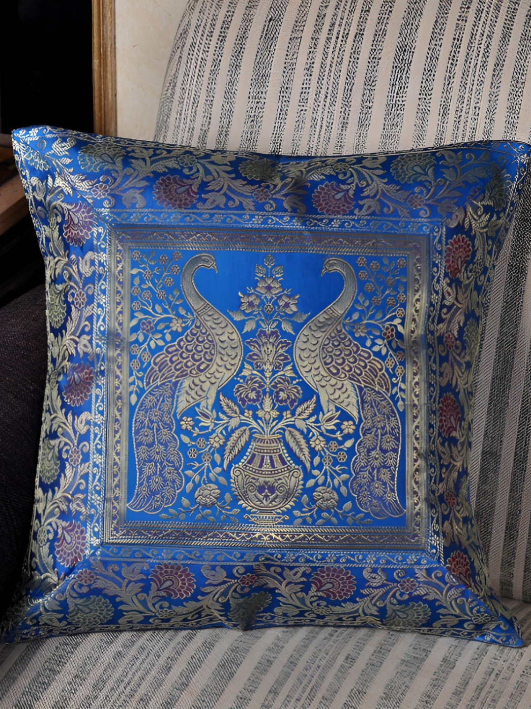 

Lal Haveli Turquoise Blue & Gold Toned Ethnic Motif Silk Square Cushion Cover