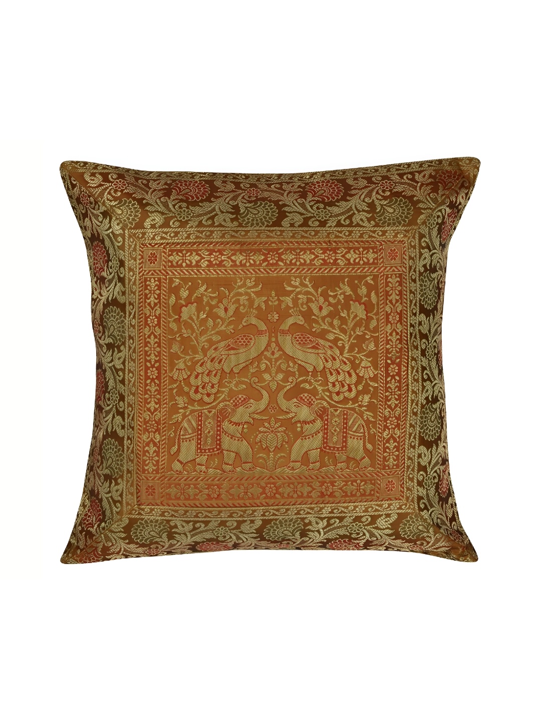 

Lal Haveli Mustard & Gold Toned Ethnic Motif Silk Square Cushion Cover