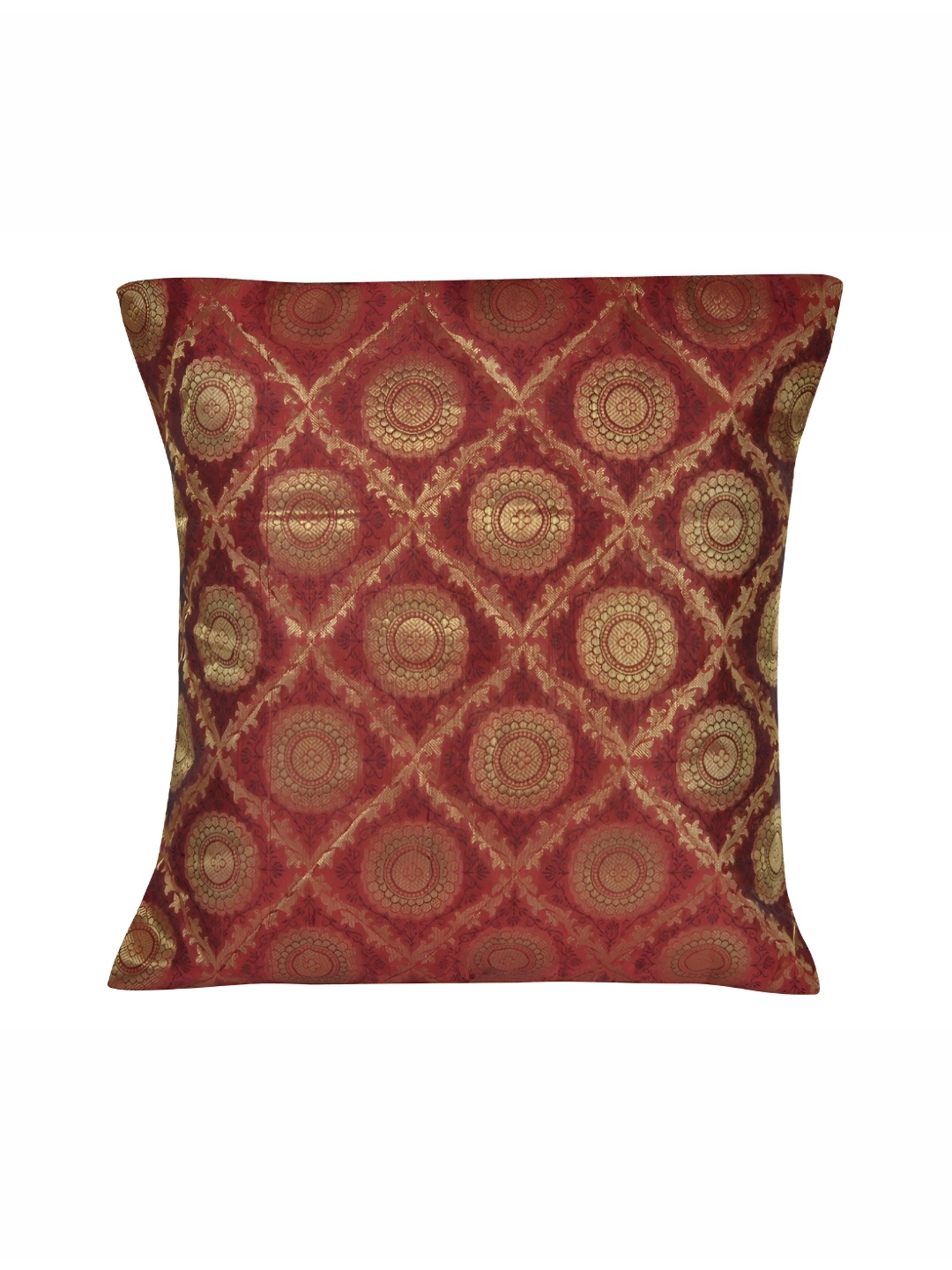 

Lal Haveli Maroon & Gold Toned Ethnic Motif Silk Square Cushion Cover
