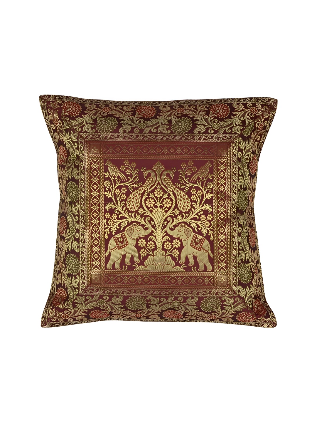 

Lal Haveli Maroon & Gold Toned Ethnic Motif Silk Square Cushion Cover