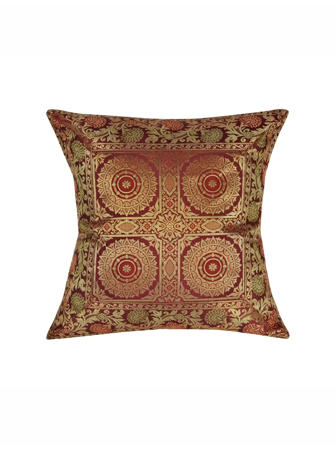 

Lal Haveli Maroon & Gold Toned Ethnic Motif Silk Square Cushion Cover
