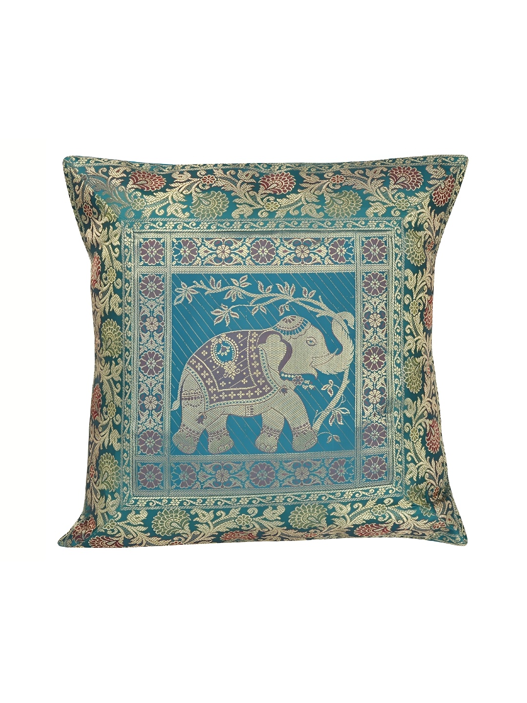 

Lal Haveli Green & Gold Toned Ethnic Motif Silk Square Cushion Cover