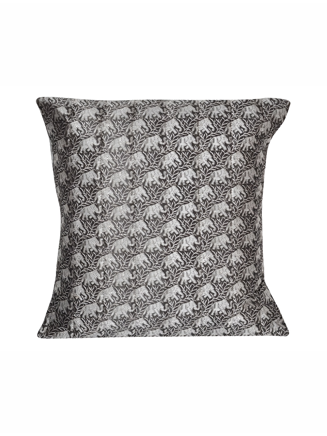 

Lal Haveli Grey & Silver Toned Elephant Motifs Silk Square Cushion Cover