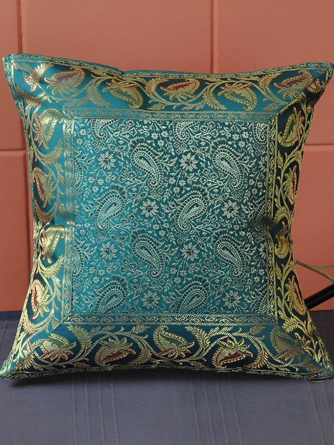 

Lal Haveli Green & Gold Toned Ethnic Motif Silk Square Cushion Cover