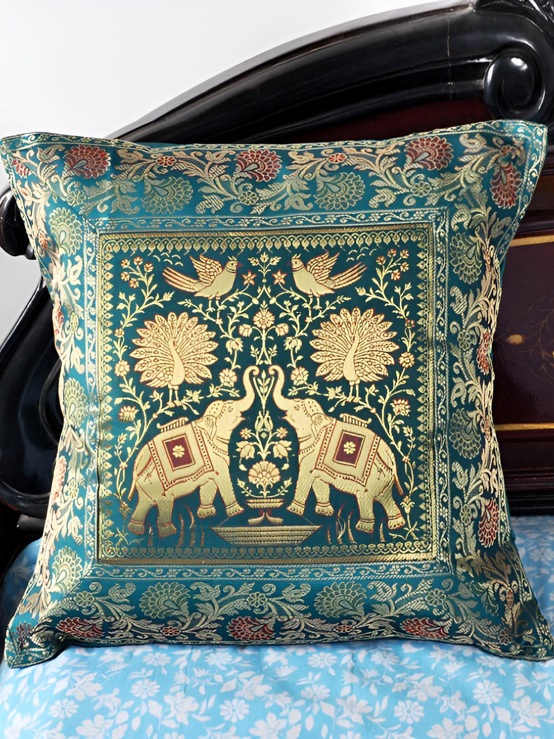 

Lal Haveli Green & Gold Toned Ethnic Motif Silk Square Cushion Cover
